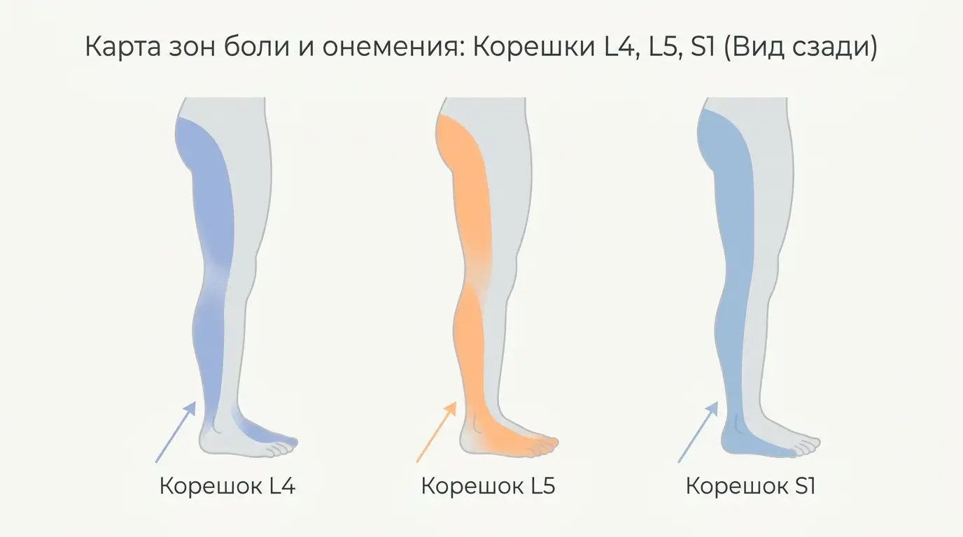 Карта зон боли и онемения при поражении корешков L4, L5 и S1